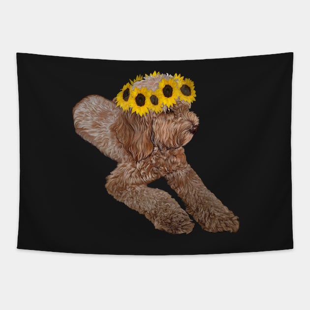 Hippie boho Cavapoo Cavoodle puppy with flower crown - cute cavalier king charles spaniel with sunflowers in hair Tapestry by Artonmytee