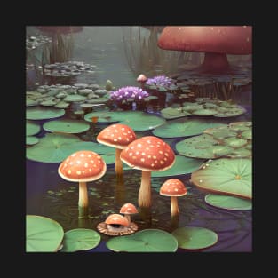 Whimsical Mushroom Pond Landscape T-Shirt