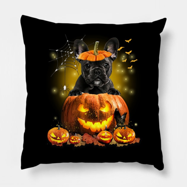 Black French Bulldog  Spooky Halloween Pumpkin Dog Head Pillow by Los Draws