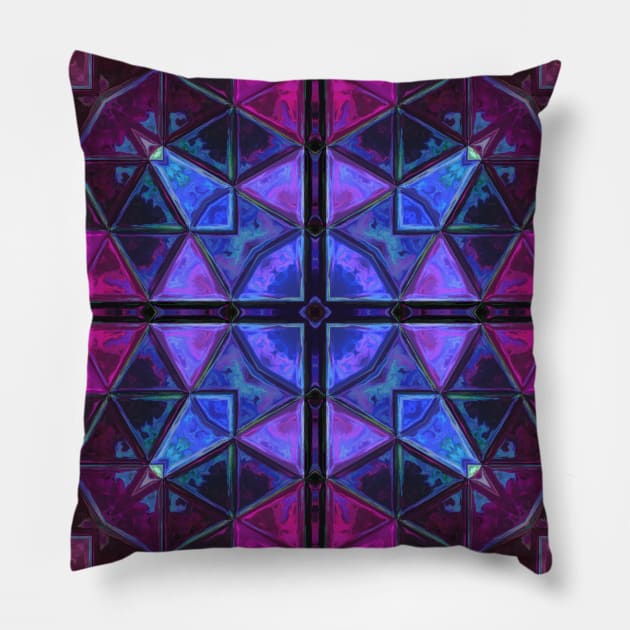 Mosaic Kaleidoscope Square Blue and Purple Pillow by WormholeOrbital