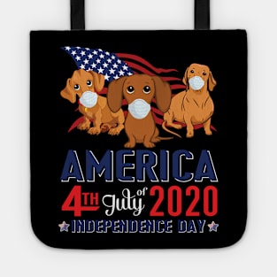 Dachshund Dogs With US Flag And Face Masks Happy America 4th July Of 2020 Independence Day Tote