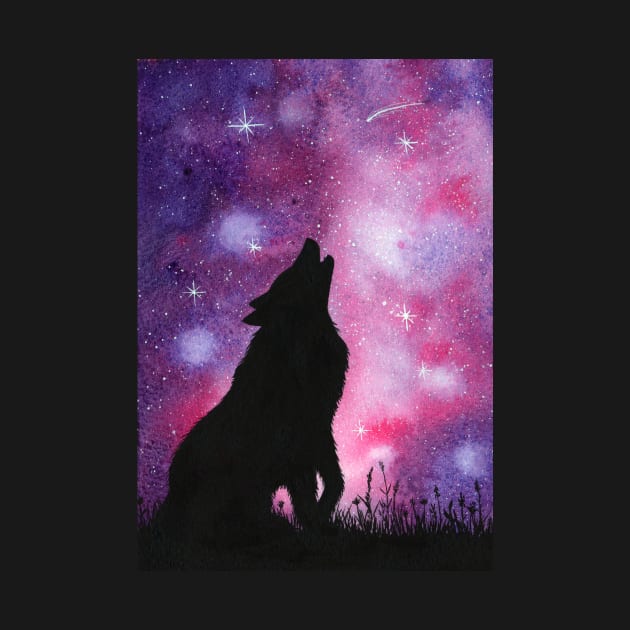 Howling Wolf Galaxy Night Sky Watercolor by dragonstarart