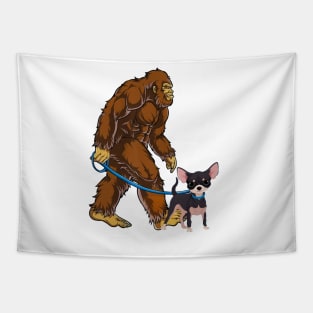 Funny Bigfoot Sasquatch Walking Chihuahua Tapestry