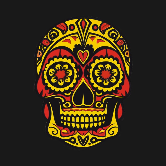 Heart of Tradition: Traditional Red and Gold Sugar Skull Art with Forehead Heart by ImaginativeInkPOD