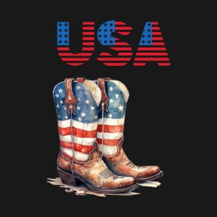 Country Western Patriotic Cowboy Boots Design T-Shirt