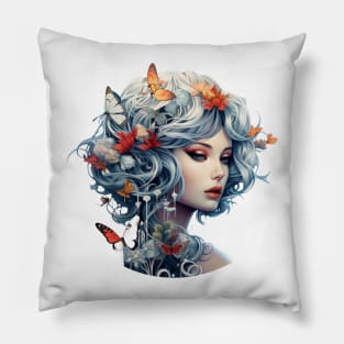 Beautiful woman's face with flowers and butterflies Pillow