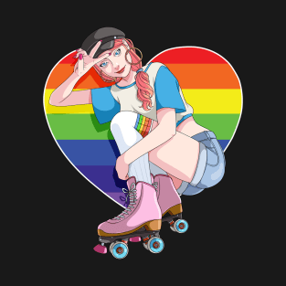 Roller Girl Skater Skates Skating Rainbow Heart T-Shirt