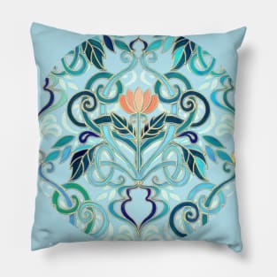 Ocean Aqua Art Nouveau Pattern with Peach Flowers Pillow