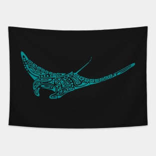 Turquoise manta ray tattoo style pale gray background Tapestry