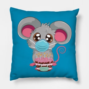 Kawaii mouse in face mask with cake Pillow