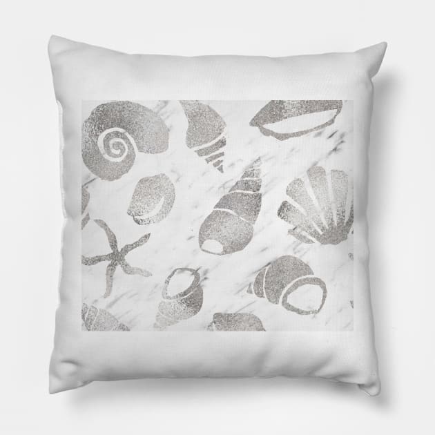 Silver South Pacific sea shells - white marble Pillow by hamptonstyle