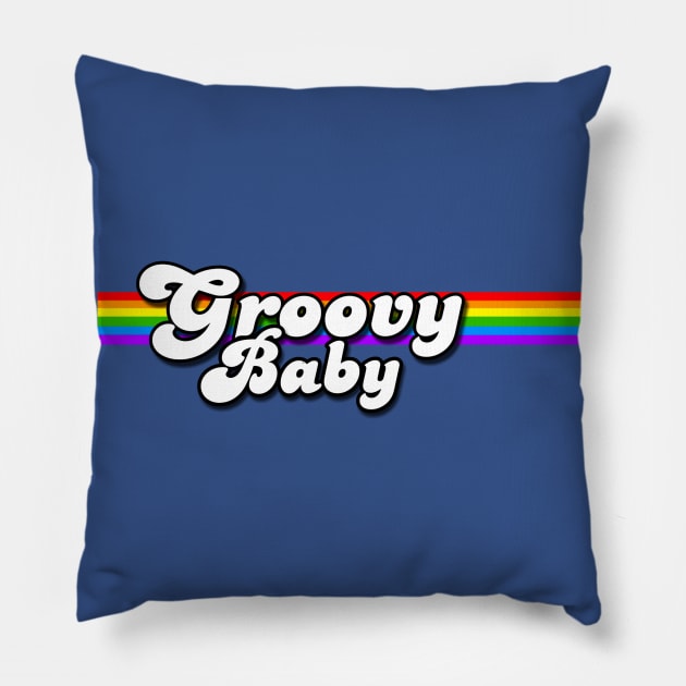 Groovy Baby Retro Rainbow Pillow by AlondraHanley