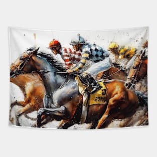 Artistic illustration of horses neck and neck in a horse race. Tapestry