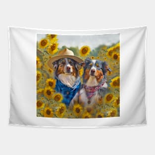 Australian Shepherd Farmers in Sunflowers Tapestry