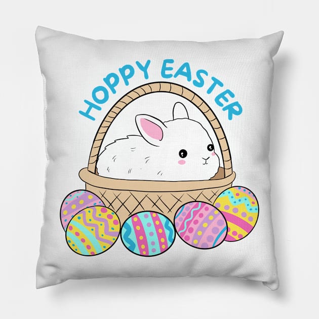 Hoppy easter cute easter bunny in a basket with easter eggs Pillow by Yarafantasyart