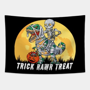 halloween t-rex mummy with skeleton chasing candies Tapestry