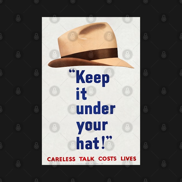 KEEP IT UNDER YOUR HAT - CARELESS TALK LOSES LIFE - MAN'S HAT - WAR PROPOGANDA POSTER- WWII by Oldetimemercan