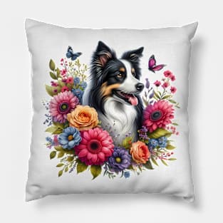 A border collie with beautiful colorful flowers Pillow