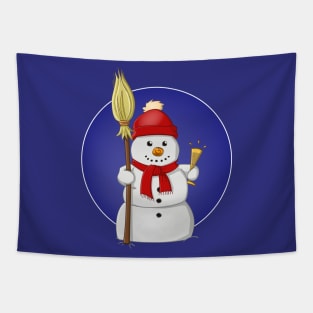 funny snowman with red bonnet and champagne glass Tapestry