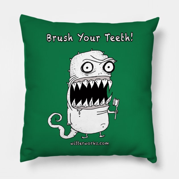 Brush Your Teeth!  Funny dentist monster! Pillow by witterworks