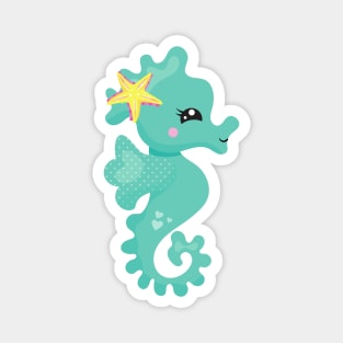 Cute Seahorse, Green Seahorse, Starfish, Hearts Magnet