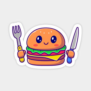 Cute Burger Holding Knife And Fork Magnet