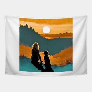 Young Woman and her Dog Vintage Sunset Tapestry