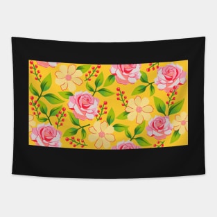 Pretty Roses and Red Berries on Bright Yellow Tapestry