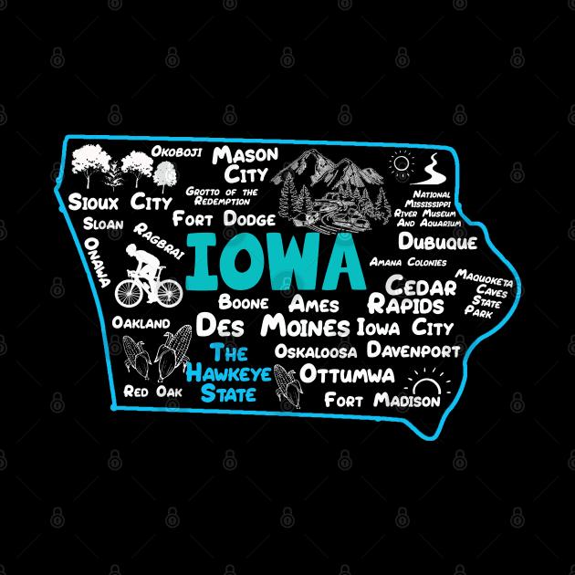 the hawkeye state Iowa map Des Moines Sioux City, Mason City, Boone, Davenport, Ottumwa, Fort Madison by BoogieCreates