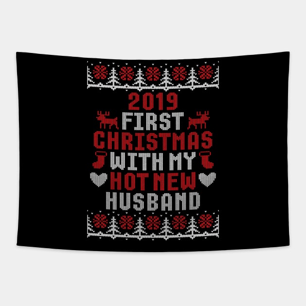 2019 Couple Gift First Christmas With My Hot New Husband Ugly Xmas Tapestry by trendingoriginals