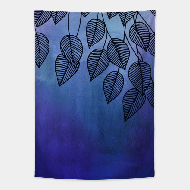 Midnight Blue Garden - watercolor & ink leaves Tapestry by micklyn