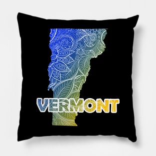 Colorful mandala art map of Vermont with text in blue and yellow Pillow