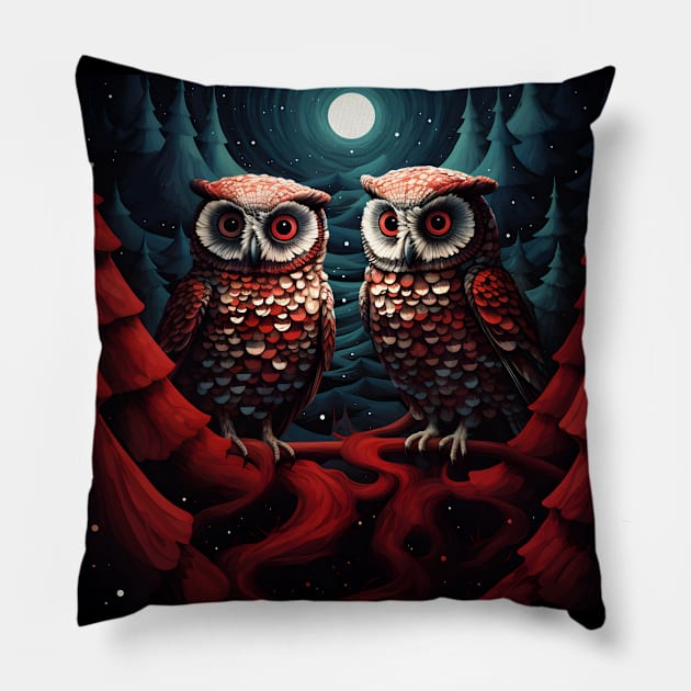 Owl couple pines and snow Pillow by beangeerie