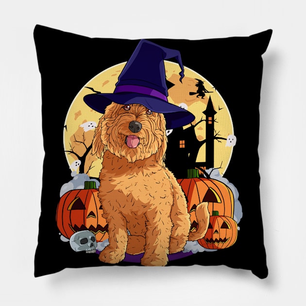 Goldendoodle Cute Dog Witch Halloween Pumpkin Pillow by Noseking