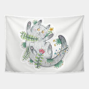 Cute Grey Cat Happily Rolling in the Garden Tapestry