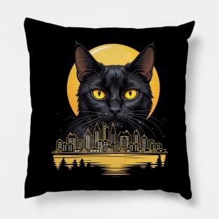 Black Cat With Yellow Eyes Night Moon And City Cats Lovers Pillow