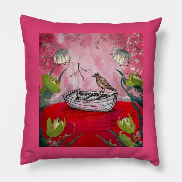AI generated floral lake crow on boat Pillow by Catbrat