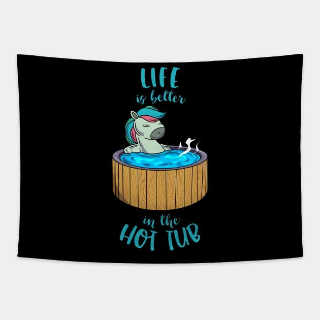 Unicorn in Pool - Life is better in the Hot Tub Tapestry by Modern Medieval Design