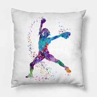 Girl Baseball Pitcher Colorful Watercolor Pillow