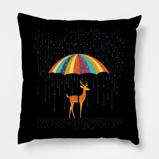 Deer Rainy Day With Umbrella Pillow