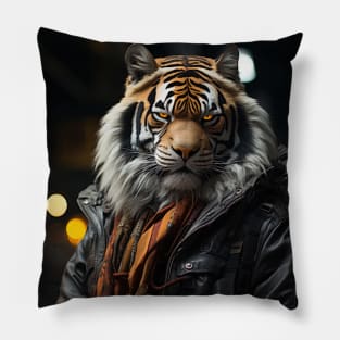 Angry Tiger in Jacket waiting in subway Pillow