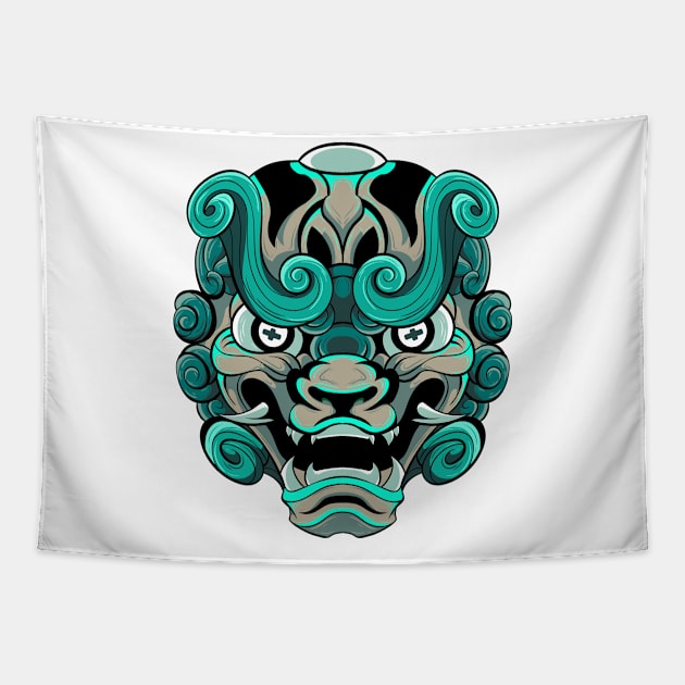 The Furious Japanese Lion 3 - Komainu Vector art illustration Tapestry by Yabisan_art