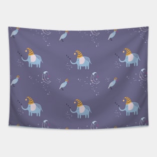 Pattern with cute sleeping elephant, bird and moon Tapestry