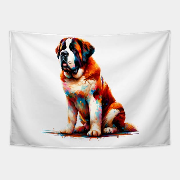 Saint Bernard Dog in Colorful Abstract Splash Art Tapestry by ArtRUs