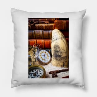 Pocket Watch And Schrimshaw Sailing Ship Pillow