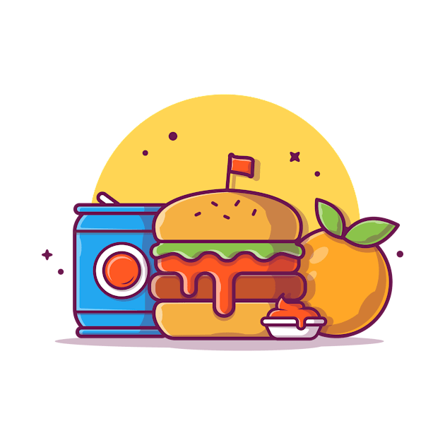 Burger with Soda, Ketchup, and Orange Fruit Cartoon Vector Icon Illustration by Catalyst Labs