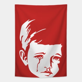 Faces - crying gypsy boy on a red and orange floral background Tapestry