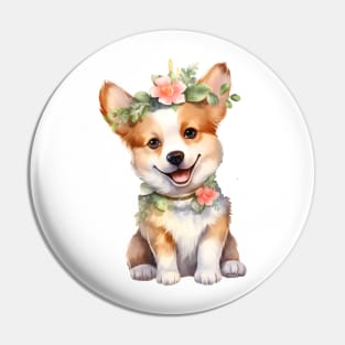 Watercolor Pembroke Welsh Corgi Dog with Head Wreath Pin