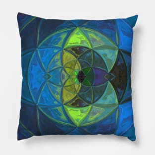 Mosaic Kaleidoscope Flower Blue and Green Pillow