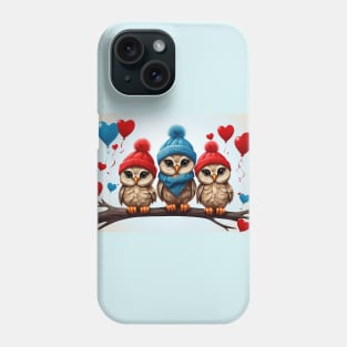 Three Owls in Woolly Hats with Heart Balloons on a Bench Phone Case